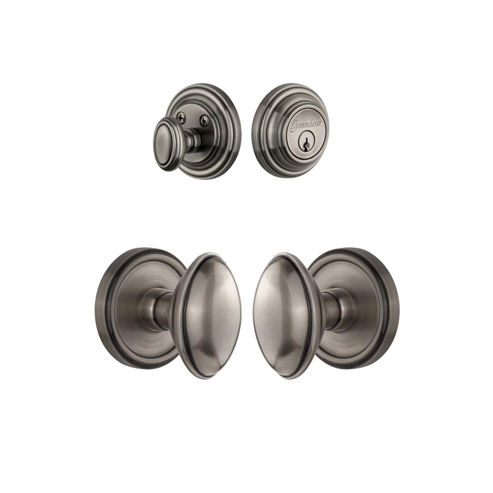 Grandeur by Nostalgic Warehouse Single Cylinder Combo Pack Keyed Differently - Georgetown Rosette with Eden Prairie Knob and Matching Deadbolt in Antique Pewter